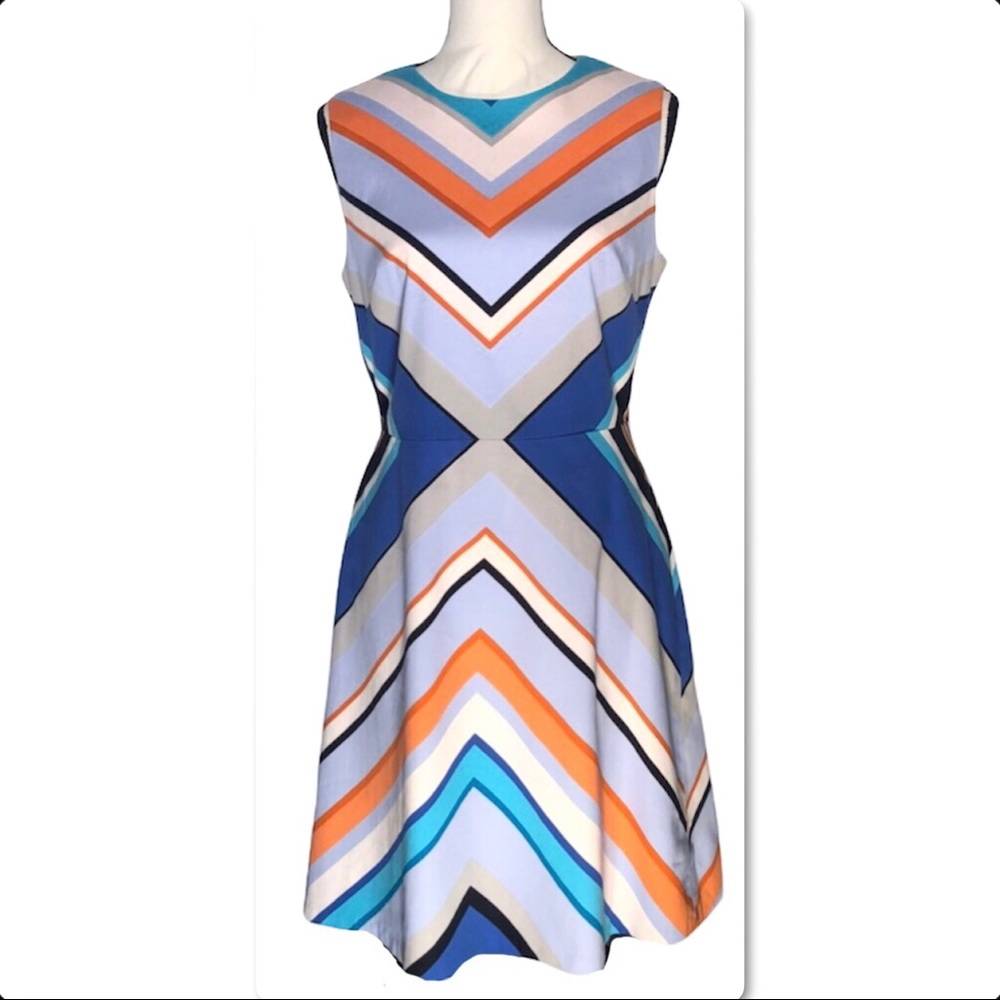 Maggy London Sleeveless A-Line Dress Geometric Blue Orange Stretch Print Size 10